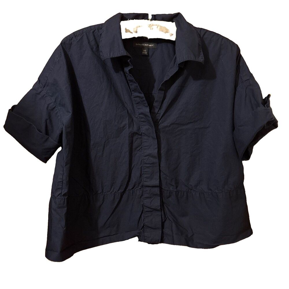 Women's Banana Republic Dark Blue Short Sleeved Ruffled Bottom Blouse Top Sz XS
